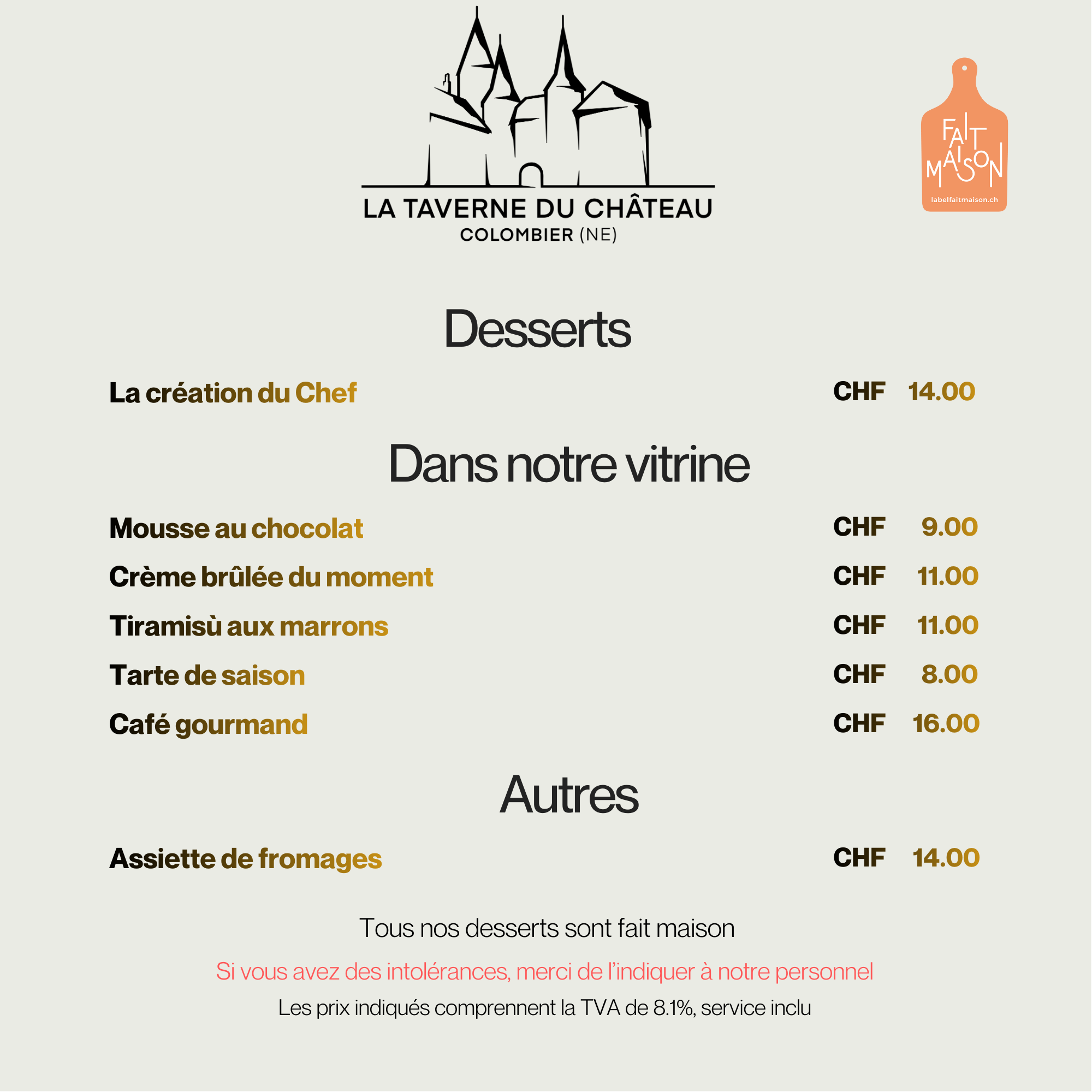 Carte des desserts — La Taverne du Château
